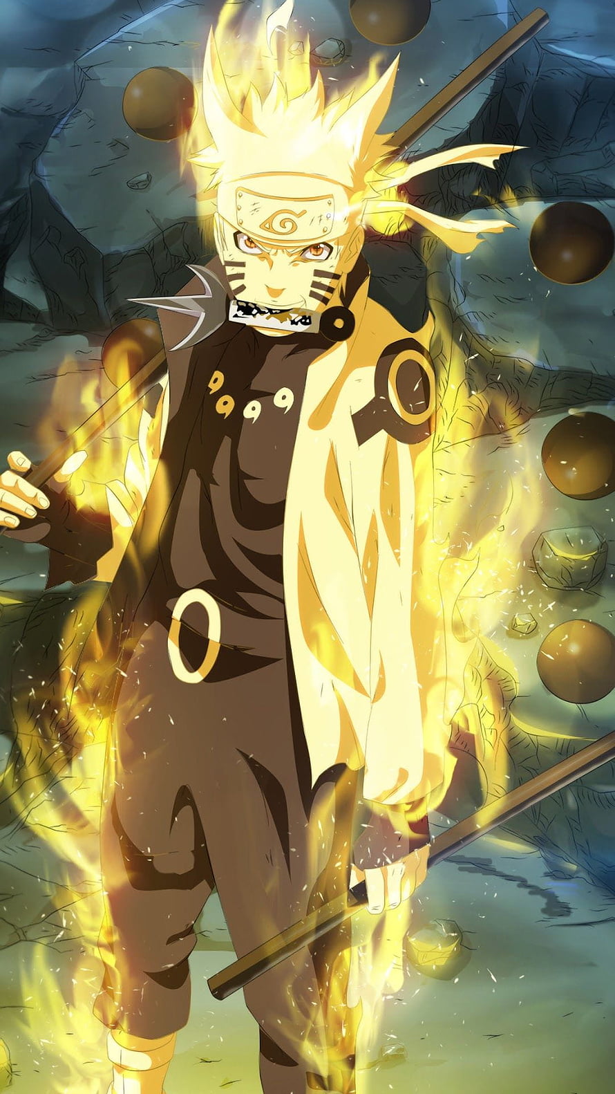 Naruto Uzumaki in Sage Mode with Golden Aura and Kunai Weapons HD phone wallpaper