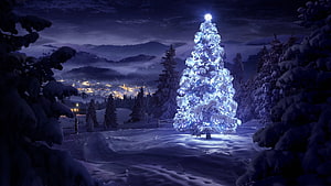 Glowing Christmas Tree in Snowy Mountain Village at Night HD wallpaper