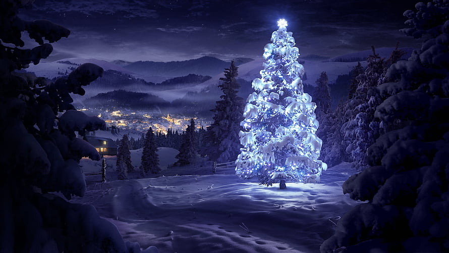 Glowing Christmas Tree in Snowy Mountain Village at Night HD wallpaper