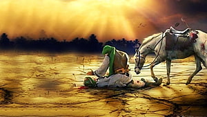 Muharram Ya Hussain: A Fallen Warrior and His Steed in a Dramatic Desert Scene HD wallpaper