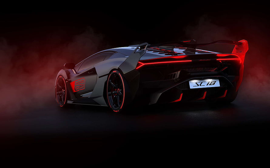 Lamborghini SC18 Superleggera Rear View with Red Accent Lighting in Dark Studio Setting HD wallpaper