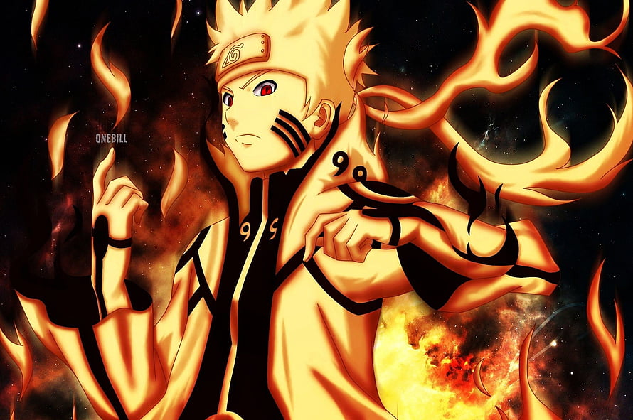 Uzumaki Naruto in Nine-Tails Chakra Mode with Fiery Aura and Black Markings HD wallpaper