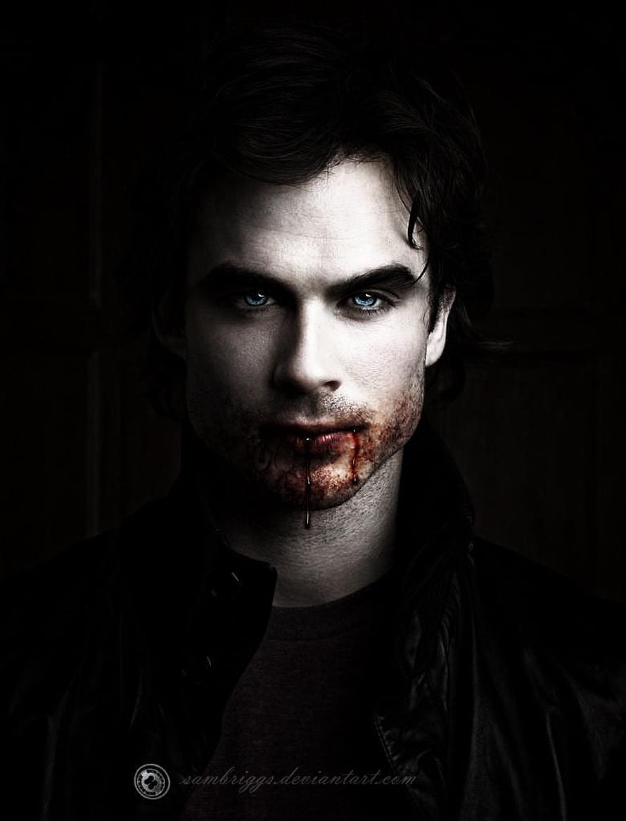 Damon Salvatore Portrait with Blood Streaks in Dark Cinematic Lighting HD phone wallpaper