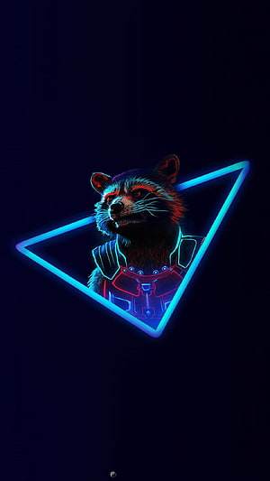 Rocket Raccoon in Neon Blue Triangle Frame with Cyberpunk Armor and Dark Background HD phone wallpaper