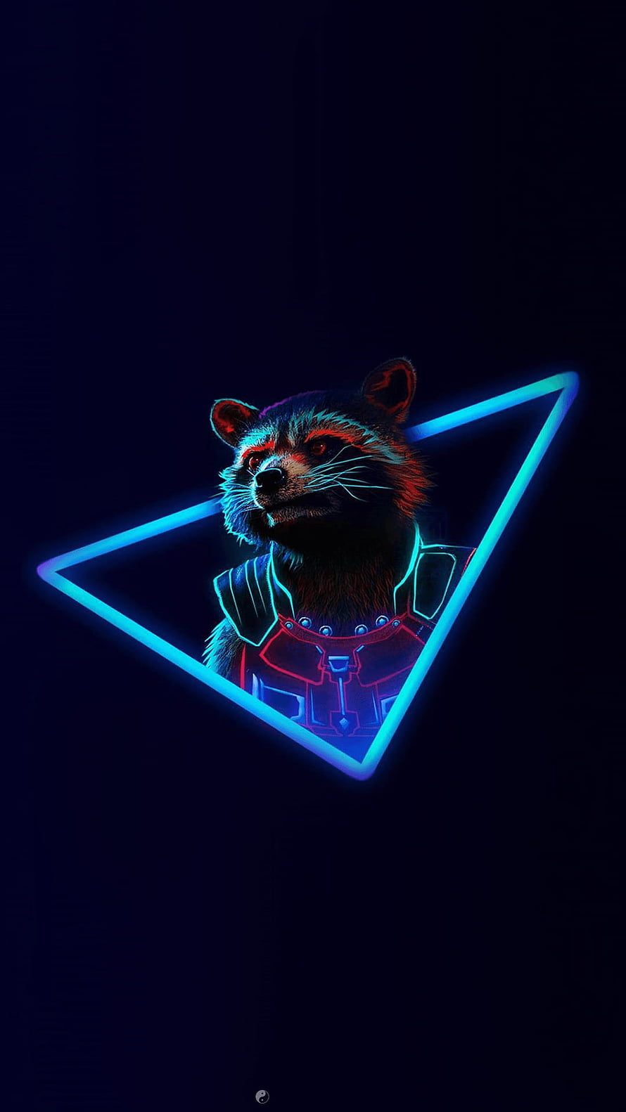Rocket Raccoon in Neon Blue Triangle Frame with Cyberpunk Armor and Dark Background HD phone wallpaper