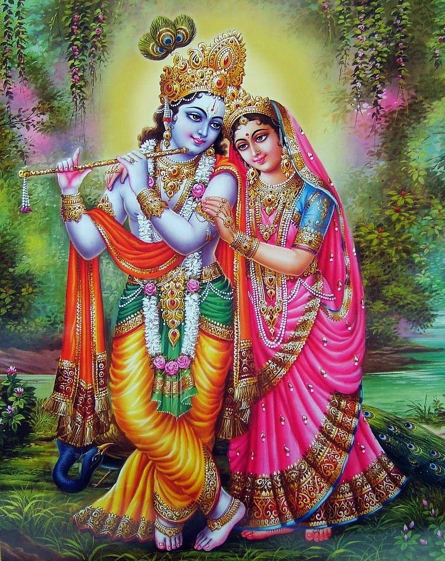 Radha Krishna Playing Flute in Lush Garden with Peacock Crown and Traditional Attire HD phone wallpaper
