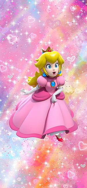 Princess Peach in a Sparkling Pink Dress with Hearts and Stars HD phone wallpaper