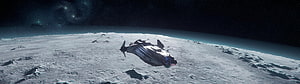 Star Citizen spaceship wrecked on a barren lunar surface under a star-filled sky HD wallpaper
