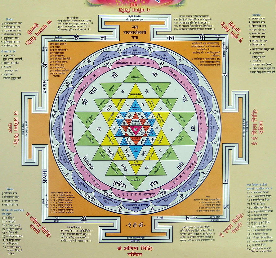 Traditional Sri Yantra Sacred Geometry Diagram with Sanskrit Mantras and Colorful Triangles HD wallpaper