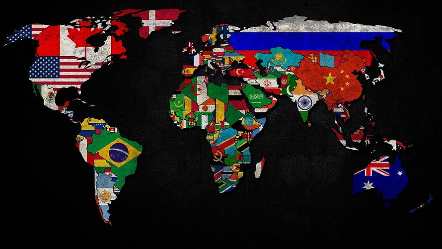 World Map Filled With National Flags On Dark Background HD wallpaper
