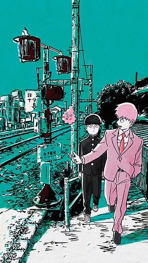 Mob Psycho 100 Anime Illustration of Two Characters Walking on a Japanese Street HD phone wallpaper