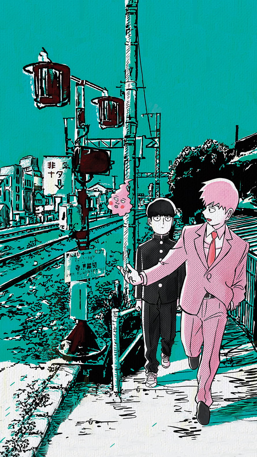 Mob Psycho 100 Anime Illustration of Two Characters Walking on a Japanese Street HD phone wallpaper