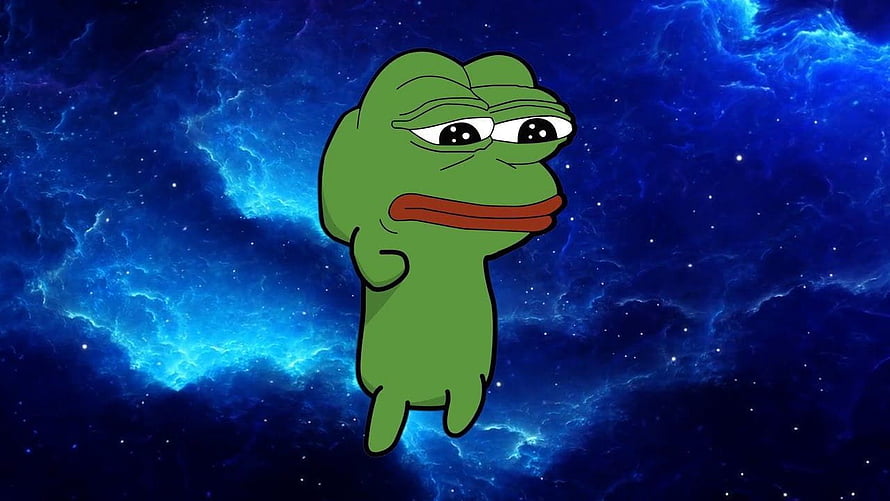 Pepe the Frog Floating in a Vibrant Blue Cosmic Nebula HD wallpaper