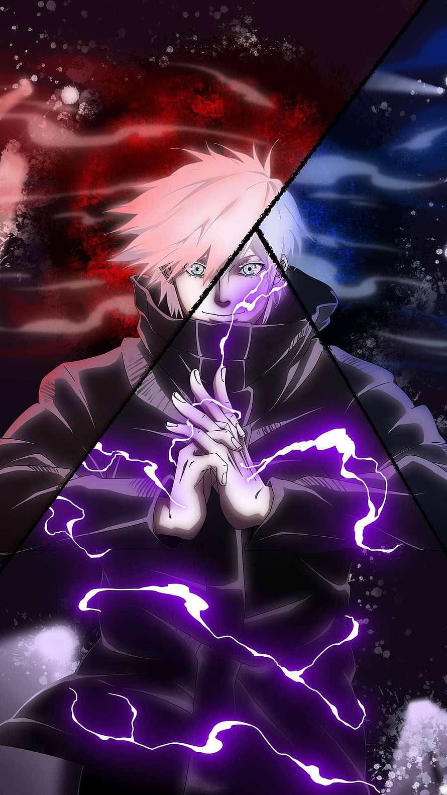 Gojo Satoru Anime Character with Purple Lightning and Split Red Blue Background HD phone wallpaper