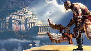 Kratos wielding the Blades of Chaos before the Temple of Olympus in God of War HD wallpaper