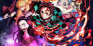 Demon Slayer Anime Key Art Featuring Tanjiro Kamado and Hashira in Dynamic Combat HD wallpaper