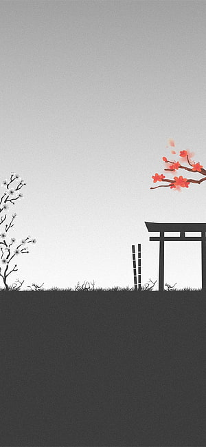 Minimalist Japanese Torii Gate with Cherry Blossoms and Bamboo Silhouette HD phone wallpaper