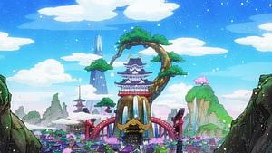 Wano Kuni Anime Landscape with Pagoda, Torii Gate, and Cherry Blossoms HD wallpaper