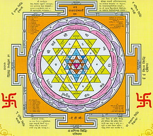 Sri Chakra Yantra Sacred Geometry Mandala with Sanskrit Mantras and Swastika Symbols HD wallpaper