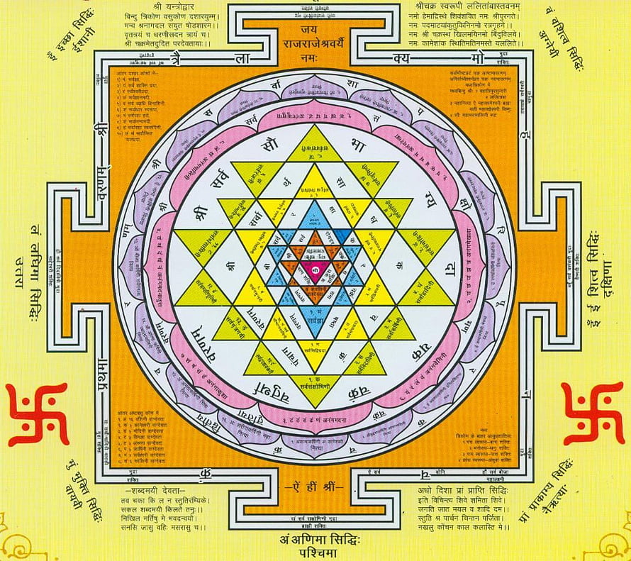 Sri Chakra Yantra Sacred Geometry Mandala with Sanskrit Mantras and Swastika Symbols HD wallpaper