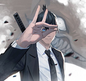 Aki Hayakawa from Chainsaw Man in a black suit making a hand sign with a katana on his back HD wallpaper