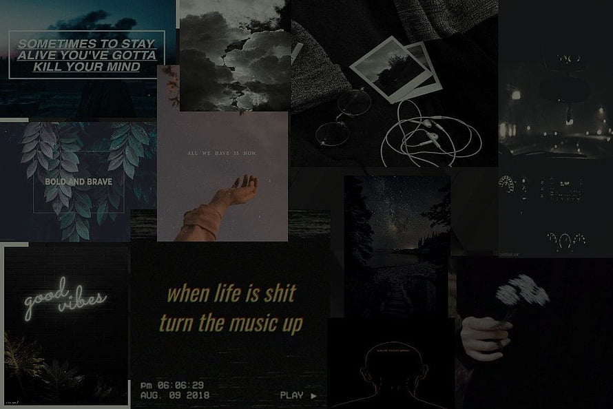 Dark Aesthetic Collage with Moody Quotes, Night Sky, and Vintage Film Photos HD wallpaper