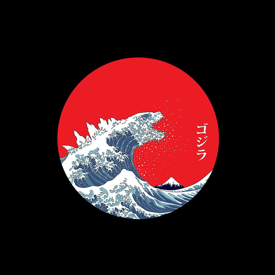Godzilla Rising From The Great Wave in Japanese Ukiyo-e Style with Red Sun HD wallpaper