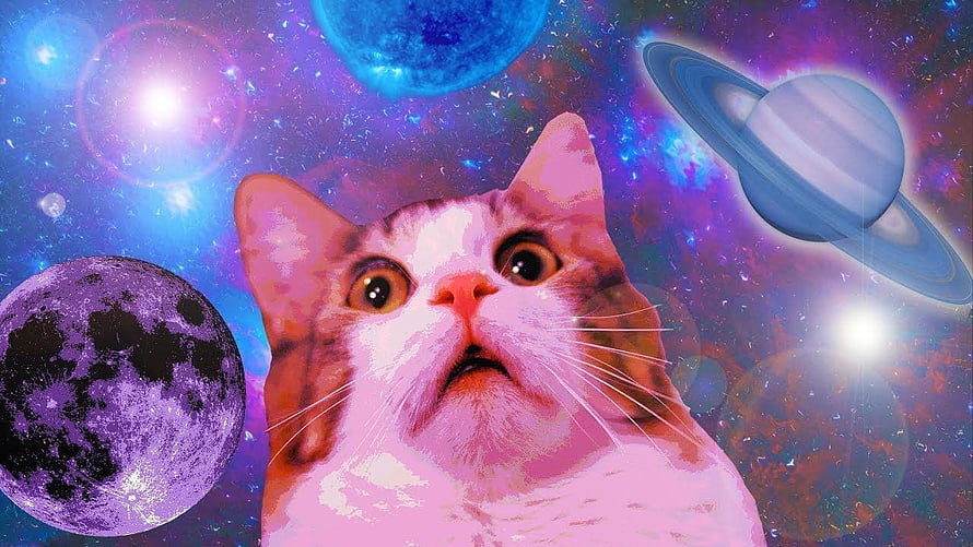 Surprised Cat in Vibrant Cosmic Space with Planets and Nebulae HD wallpaper
