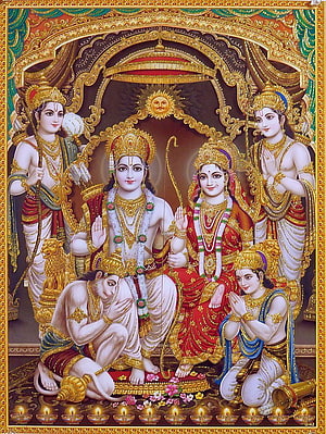 Ram Darbar Traditional Indian Painting with Sita, Hanuman, and Divine Figures HD phone wallpaper