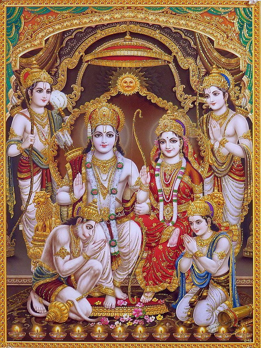 Ram Darbar Traditional Indian Painting with Sita, Hanuman, and Divine Figures HD phone wallpaper