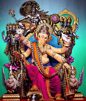 Chintamani Ganpati Deity Statue with Shiva and Brahma in Ornate Temple Setting HD phone wallpaper
