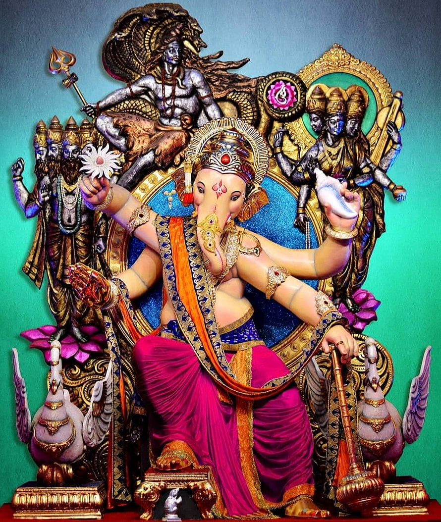 Chintamani Ganpati Deity Statue with Shiva and Brahma in Ornate Temple Setting HD phone wallpaper