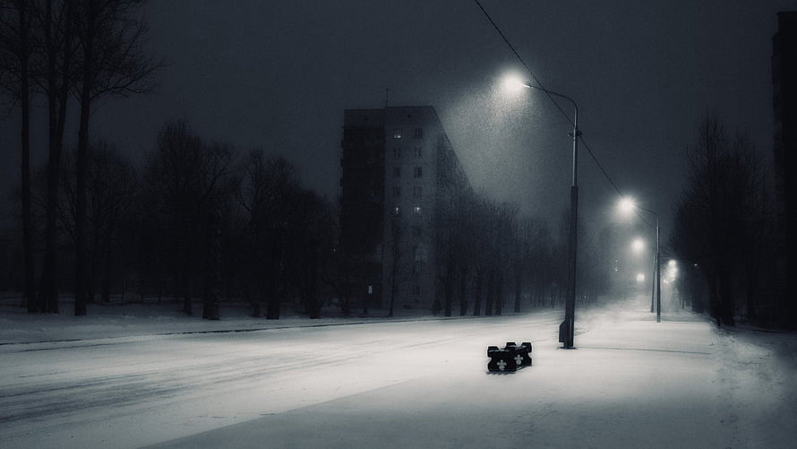 Doomer Aesthetic Snowy Night Street with Streetlights and Apartment Building HD wallpaper