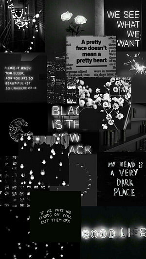 Dark Aesthetic Collage with Neon Quotes, Black and White Flowers, and Moody Night Scenes HD phone wallpaper