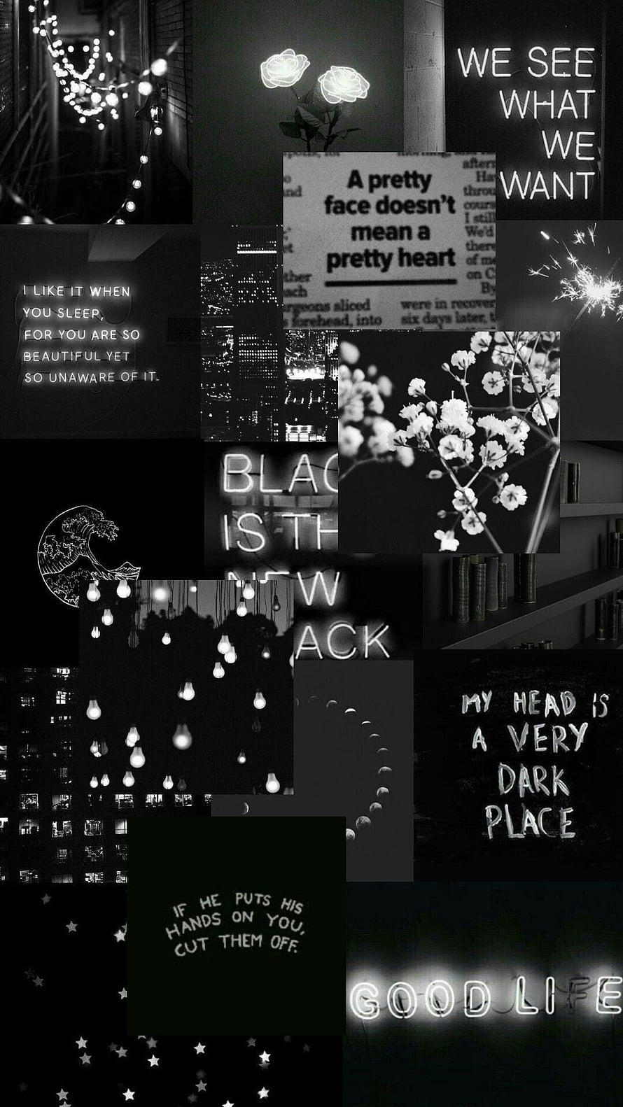 Dark Aesthetic Collage with Neon Quotes, Black and White Flowers, and Moody Night Scenes HD phone wallpaper