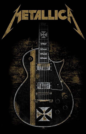 Metallica Iron Cross Electric Guitar Poster with Distressed Black and Gold Design HD phone wallpaper