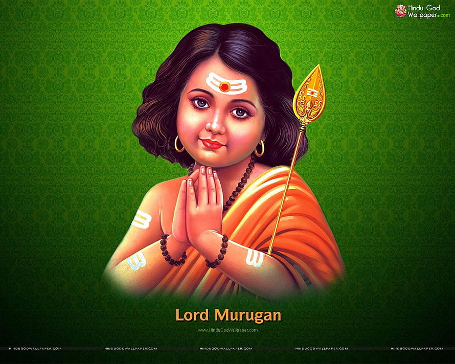 Bala Murugan Digital Art Portrait with Vel and Namaste Gesture on Green Background HD wallpaper