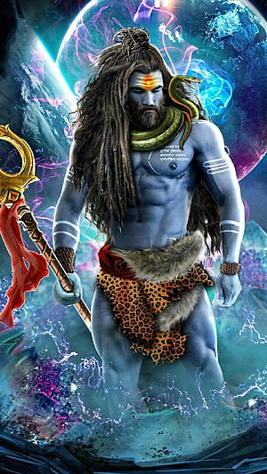 Mahakal Shiva Cosmic Warrior Digital Art with Trishula and Serpent HD phone wallpaper