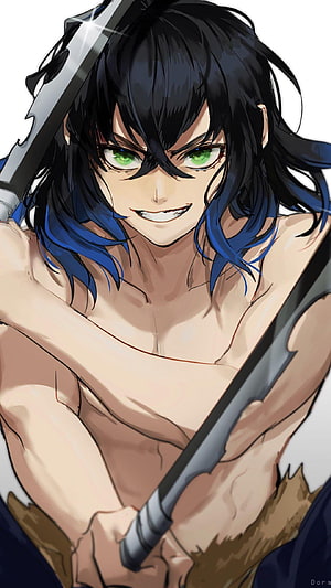 Inosuke Hashibira from Demon Slayer with green eyes and sword HD phone wallpaper