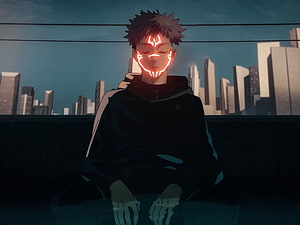 Yuji Itadori with Sukuna Face Markings in Jujutsu Kaisen Anime Scene HD wallpaper