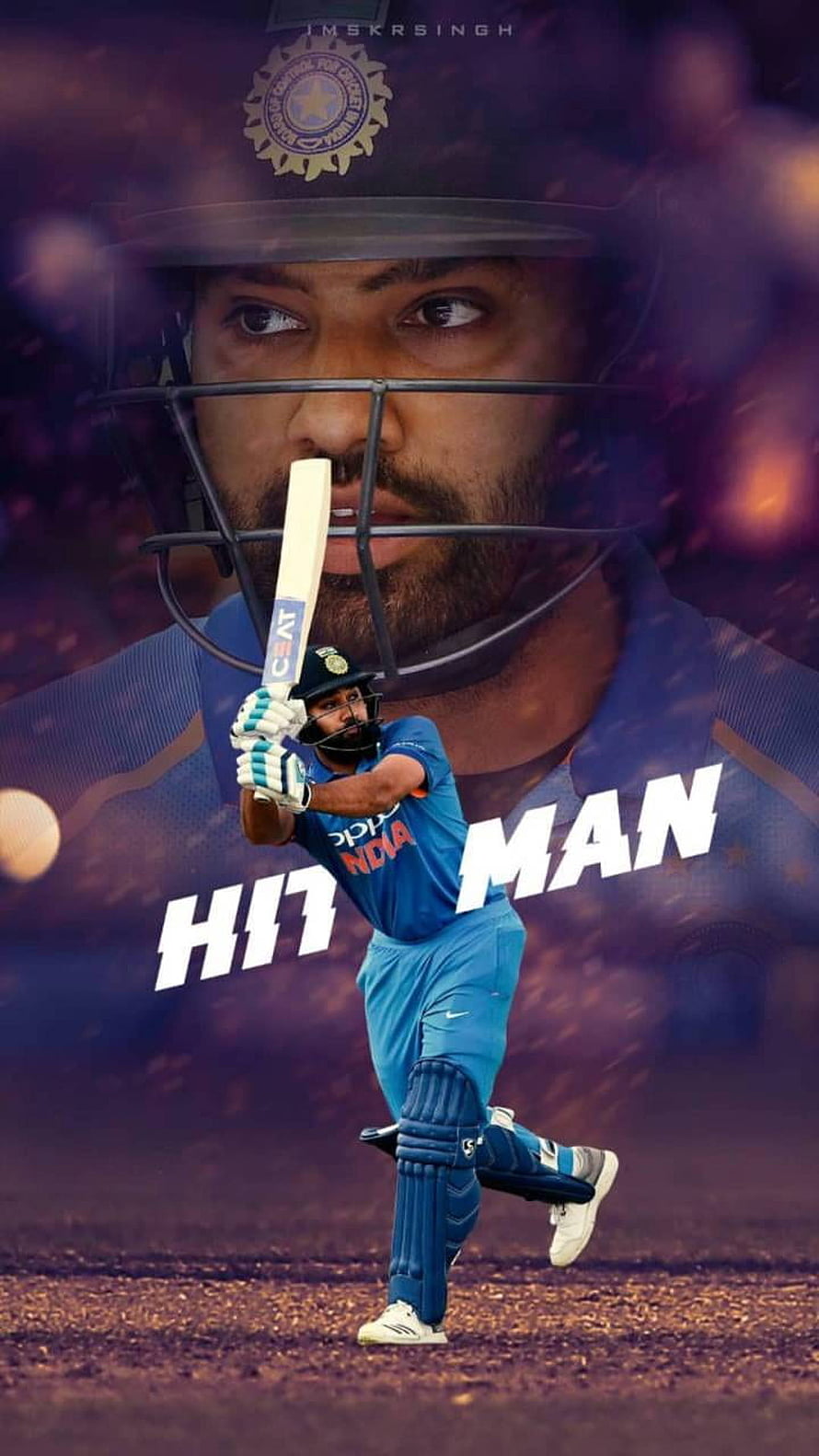 Rohit Sharma Hitman Cricket Action Poster in Blue India Jersey HD phone wallpaper