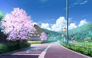 Anime Countryside Road Lined With Cherry Blossoms Under A Bright Blue Spring Sky HD wallpaper