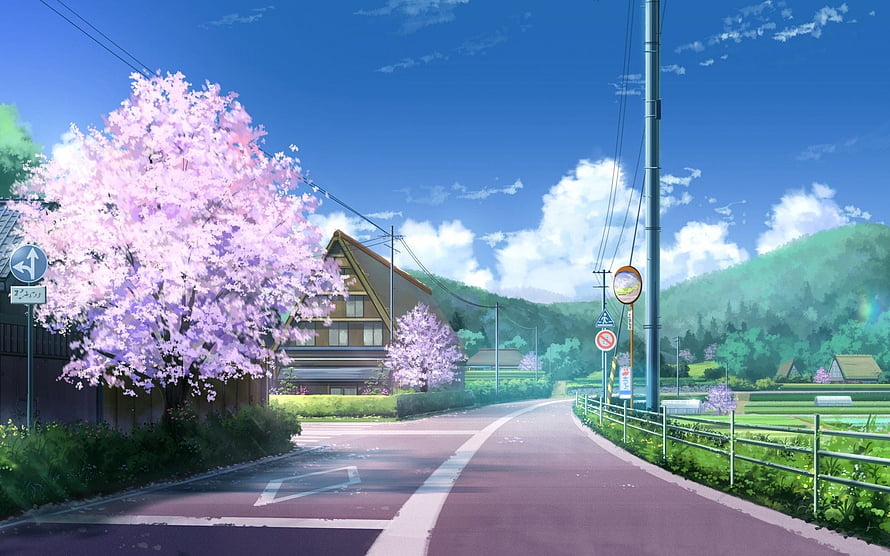 Anime Countryside Road Lined With Cherry Blossoms Under A Bright Blue Spring Sky HD wallpaper