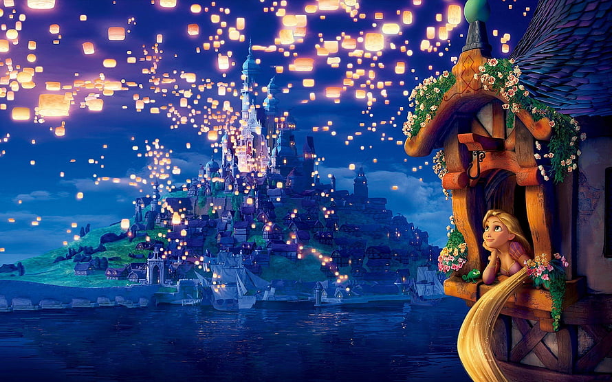 Rapunzel from Disney Tangled gazing at the floating lanterns over the kingdom of Corona at night HD wallpaper