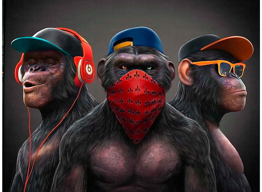 Three Streetwear Chimps Wearing Caps, Headphones, and Bandanas in Digital Art HD wallpaper