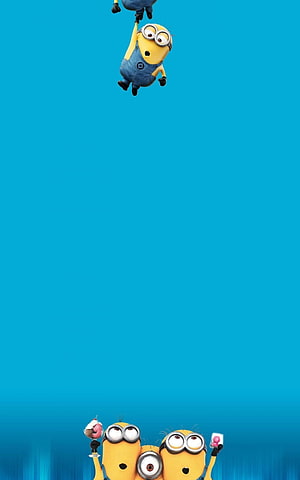 Minions Hanging and Peeking on Vibrant Blue Background HD phone wallpaper