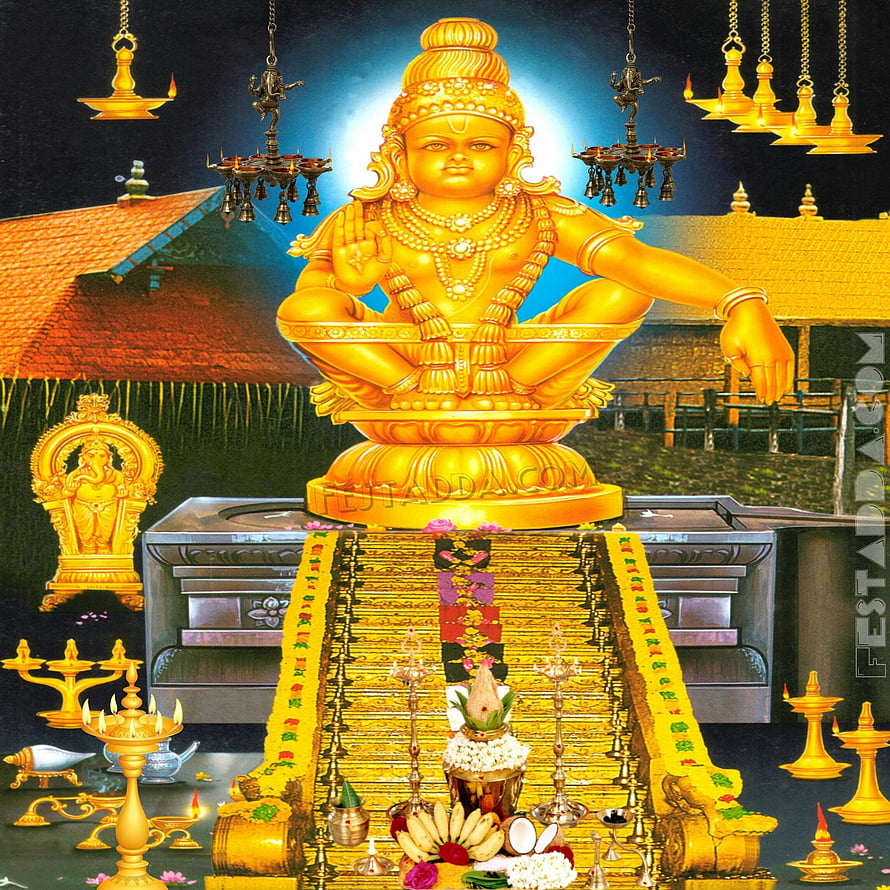 Golden Ayyappa Swamy Statue at Sabarimala Temple with Oil Lamps and Floral Offerings HD phone wallpaper