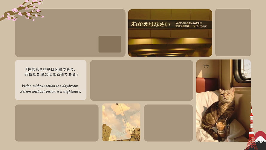 Japanese Aesthetic Beige Desktop Layout with Cat and Tokyo Elements HD wallpaper