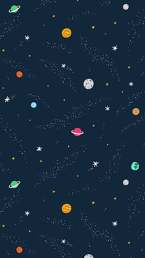 Cute Cartoon Space Wallpaper with Colorful Planets and Stars on Dark Navy Background HD phone wallpaper