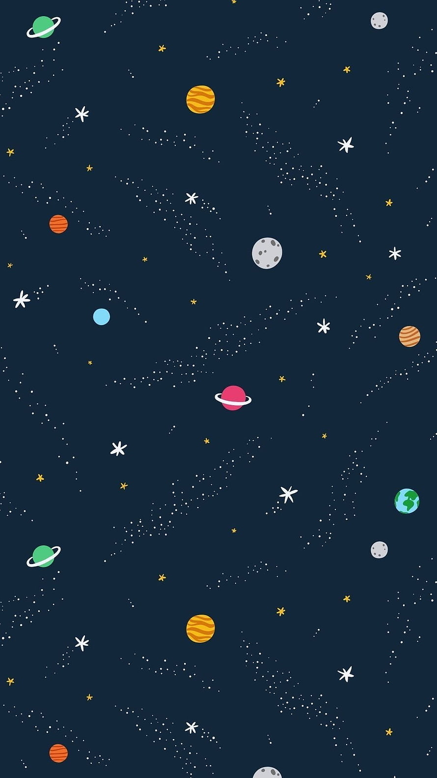 Cute Cartoon Space Wallpaper with Colorful Planets and Stars on Dark Navy Background HD phone wallpaper